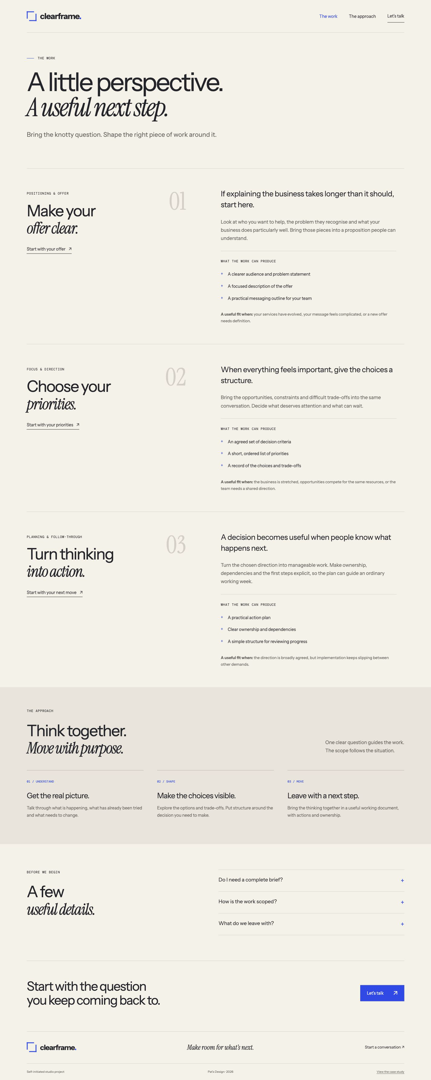 Clearframe services page with three service areas and a three-stage process