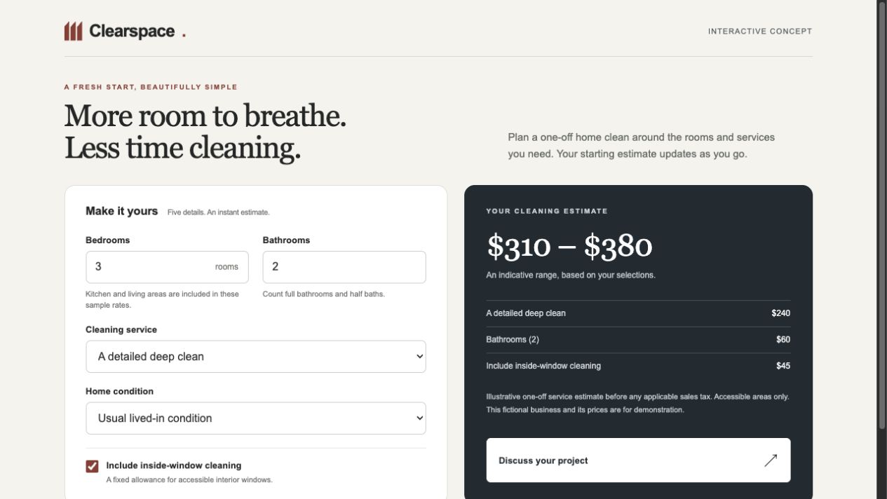 Clearspace cleaning calculator with room counts and cleaning options
